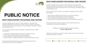KWS has issued notice of heavy rains to visitors planning to visit national parksPHOTO/KWS/X