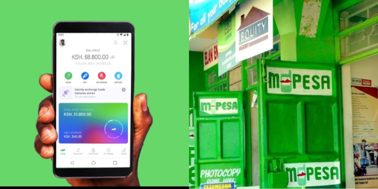 Collage photo of M-Pesa app and M-Pesa shops PHOTO/Acc