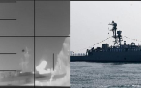 The frigate as seen before and after explosion before sinking in the Indian Ocean PHOTO/Pentagon
