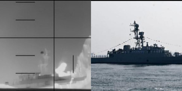 The frigate as seen before and after explosion before sinking in the Indian Ocean PHOTO/Pentagon
