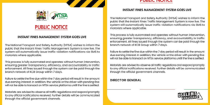 NTSA notice about the launching of Instant Traffic Fines Management System PHOTO/NTSA/X