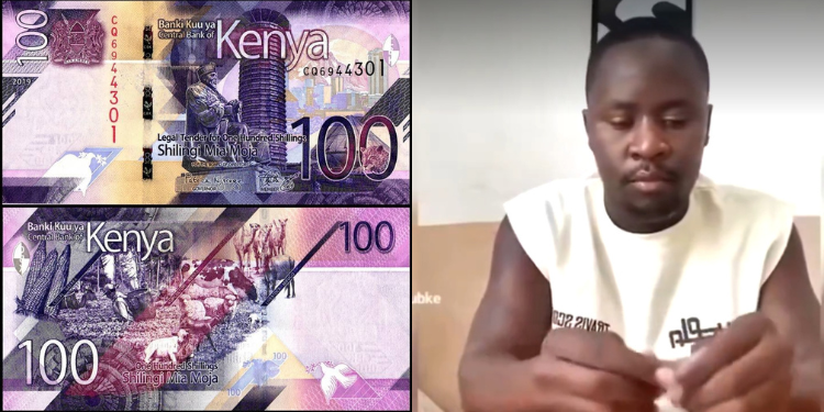 Tiktok user Maximilian Motara screenshot while tearing 100-shillings notes in a video PHOTO/Collage;User and Currency