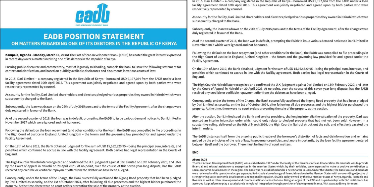 The East African Development Bank (EADB) has responded to claims by former Cabinet Secretary Raphael Tuju that it's board rejected his repayment offers over the Ksh 1.1 billion loan.