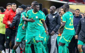 Senegal team angry with referee Jean-Jacques Ndala for giving a late penalty after VAR check during the Africa Cup Of Nations Final match between Senegal and Morocco at Prince Moulay Abdellah Stadium Photo/DeFodi via Getty Images