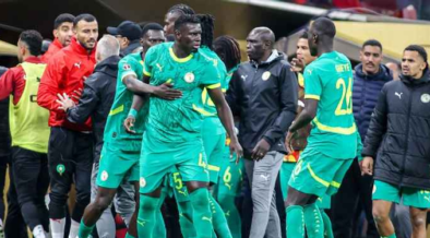 Senegal team angry with referee Jean-Jacques Ndala for giving a late penalty after VAR check during the Africa Cup Of Nations Final match between Senegal and Morocco at Prince Moulay Abdellah Stadium Photo/DeFodi via Getty Images