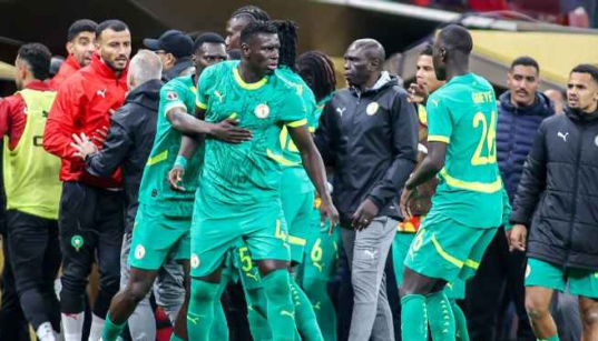 Senegal team angry with referee Jean-Jacques Ndala for giving a late penalty after VAR check during the Africa Cup Of Nations Final match between Senegal and Morocco at Prince Moulay Abdellah Stadium Photo/DeFodi via Getty Images