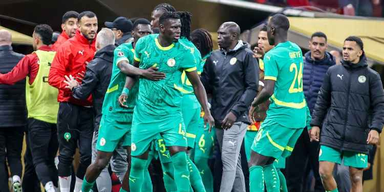 Senegal team angry with referee Jean-Jacques Ndala for giving a late penalty after VAR check during the Africa Cup Of Nations Final match between Senegal and Morocco at Prince Moulay Abdellah Stadium Photo/DeFodi via Getty Images