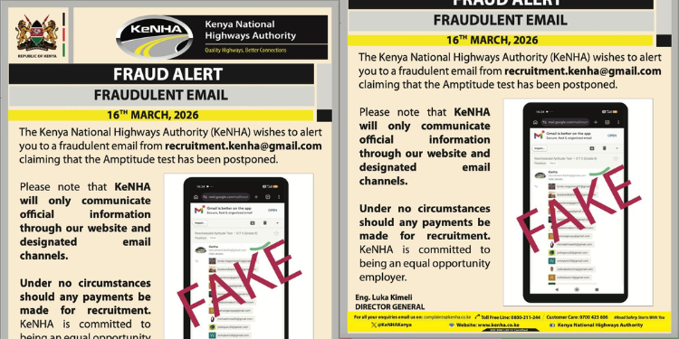 KeNHA has issued a notice warning the public to stay vigilant as there is rise of fake recruitment emails and messages PHOTO/KeNHA/X