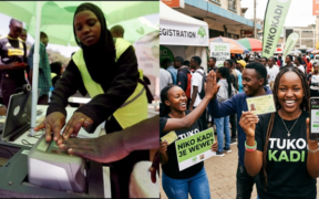 Collage photo of AI generated image of GenZ with placards urging for Voter registration and youths lining up at voter registration centres PHOTO/File