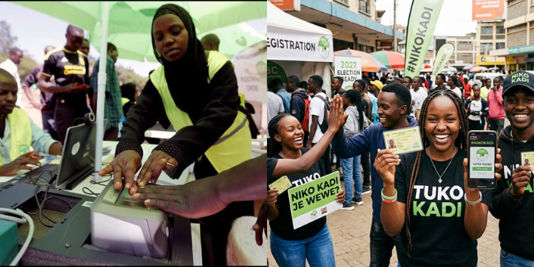 Collage photo of AI generated image of GenZ with placards urging for Voter registration and youths lining up at voter registration centres PHOTO/File