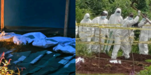 Collage photo of bodies exhumed and presence of DCI officers in the site PHOTO/Vocal Africa