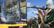 A photo collage of Alinjugur Secondary School bus that was hit by an explosive device near Hagadera Refugee Camp on Sunday morning of 29th March and al-Shabaab militants in their training grounds. PHOTO/ Courtesy