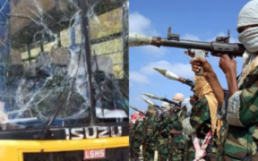 A photo collage of Alinjugur Secondary School bus that was hit by an explosive device near Hagadera Refugee Camp on Sunday morning of 29th March and al-Shabaab militants in their training grounds. PHOTO/ Courtesy