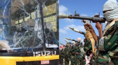 A photo collage of Alinjugur Secondary School bus that was hit by an explosive device near Hagadera Refugee Camp on Sunday morning of 29th March and al-Shabaab militants in their training grounds. PHOTO/ Courtesy