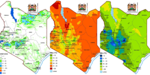 Kenya Met maps of April First-Week forecast showing regions to continue receiving rainfall and areas to receive varying temperature conditions PHOTO/Kenya Met 