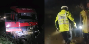 A photo collage of the Wreckage of the lorry that rammed into a PSV killing several and a traffic officer inspecting the scene. PHOTO/ kenya times.