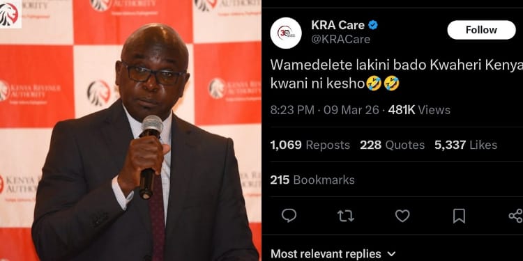 A photo collage of KRA Commissioner General Humphrey Wattanga and the follow-up "Kwaheri Kenya" tweet. PHOTO/ KRA X.