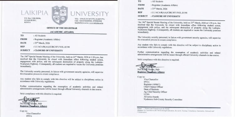 Notice signed by Laikipia University Registrar, Prof. Robert Mwebi, announcing the closure of the Institution. PHOTO/ Laikipia University website.