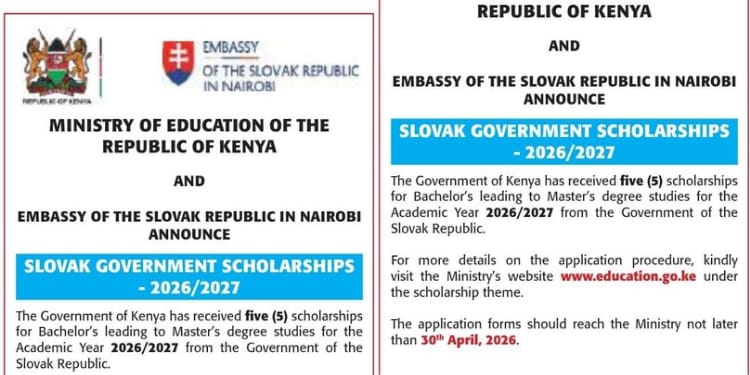 The Ministry of Education of the Republic of Kenya and the Embassy of the Slovak Republic in Nairobi have announced the Slovak Government Scholarships for the academic year 2026/27.