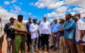 North Eastern Regional Commissioner ,PS Raymond Omollo together with other leaders during an inspection of the Wajir Stadium PHOTO/MINA