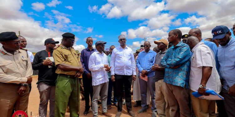 North Eastern Regional Commissioner ,PS Raymond Omollo together with other leaders during an inspection of the Wajir Stadium PHOTO/MINA