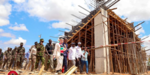 Govt spokesperson Isaac Mwaura together with other leaders during the Wajir Stadium inspection PHOTO/MINA