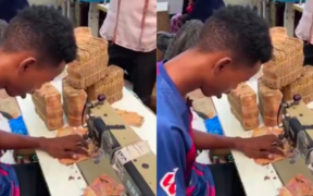 A somalian citizen is seen in a video sewing Somali bank notes, since their central bank does not produce any new notes. PHOTO/ File