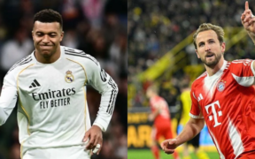 A photo collage of Real Madrid's winger Kylian Mbappe and Bayern's forward Harry Kane as the clash today at Santiego Barnebeu for the UCL trophy. PHOTO/ File