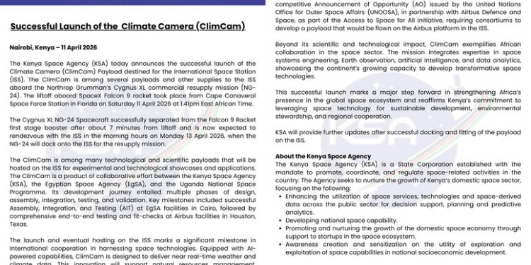 Kenya Space Agency notice stating successful launch of Climate Camera PHOTO/Kenya Space Agency 