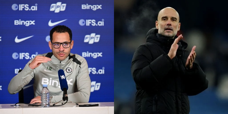 Chelsea manager Liam Rosenior and City's Pep Guardiola PHOTO/ACC