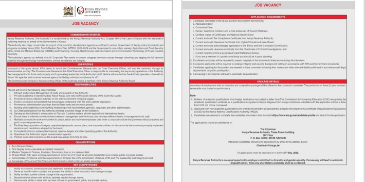 KRA public notice on vacant position PHOTO/MyGov