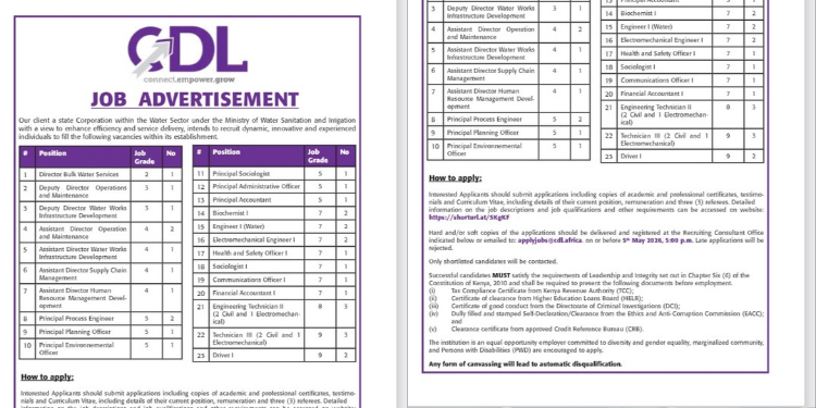 CDL Africa job advert through the Ministry of Water has announced job vacancies PHOTO/MyGov