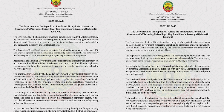 Press release issued by Somaliland’s Ministry of Foreign Affairs on April 15, 2026, rejecting Somalia’s claims over its diplomatic engagement with Israel.