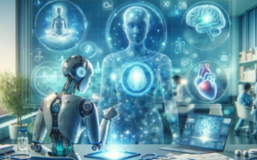 A high-tech digital illustration shows a robotic assistant interacting with a glowing human hologram and floating medical icons (brain, heart, and meditation) in a laboratory. This image represents the Pharmacy and Poisons Board’s April 2026 launch of regulatory guidelines for Medical Device Software (MDSW) and AI-powered technologies in Kenya, highlighting the intersection of advanced software and patient safety standards.