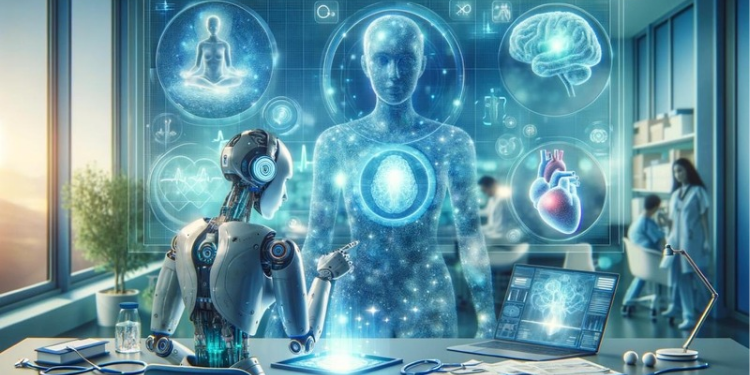 A high-tech digital illustration shows a robotic assistant interacting with a glowing human hologram and floating medical icons (brain, heart, and meditation) in a laboratory. This image represents the Pharmacy and Poisons Board’s April 2026 launch of regulatory guidelines for Medical Device Software (MDSW) and AI-powered technologies in Kenya, highlighting the intersection of advanced software and patient safety standards.