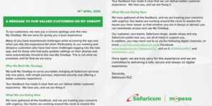 Safaricom apology notice to its customers PHOTO/Safaricom 