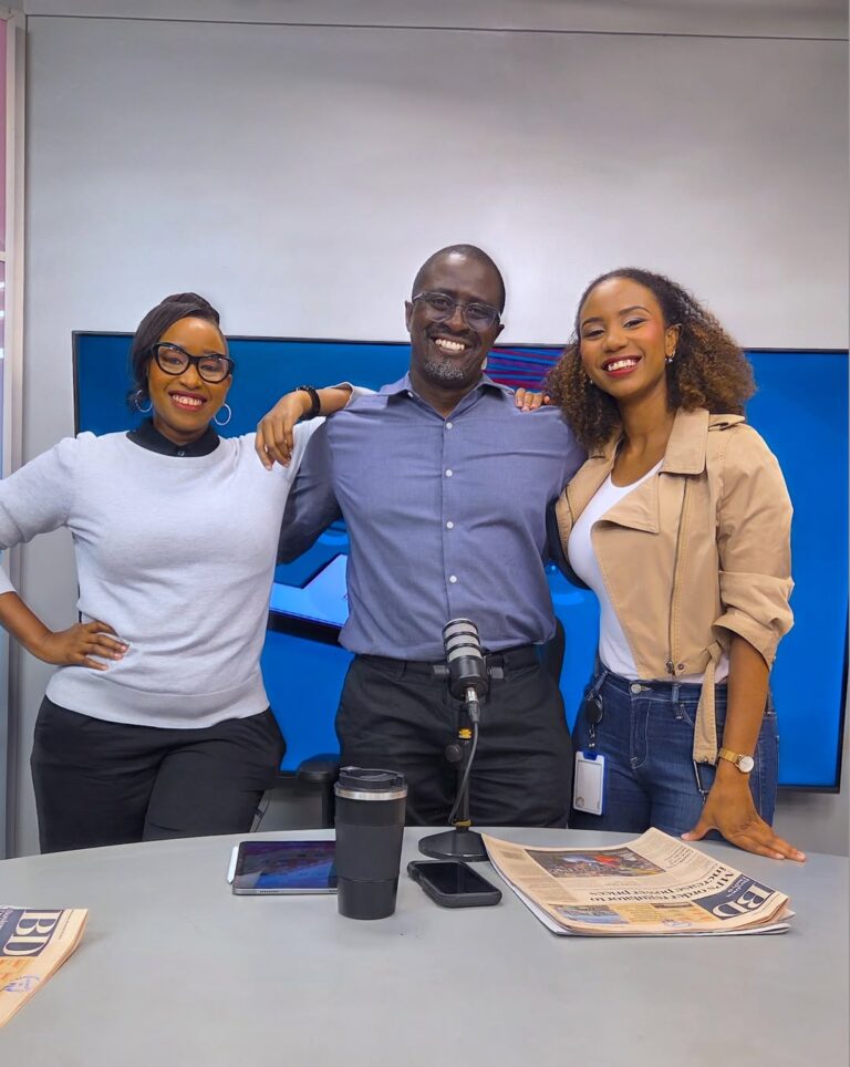 Nation FM morning show, Fixing the Nation hosts from left, Janet Mbugua, Eric Latiff and Mariam Bishar at Nation Media Group headquarters. PHOTO/ NTV
