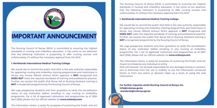 NCK Public Notice released on April 20,2026 warning about unapproved nursing courses at the Northlands College PHOTO/NCK/X