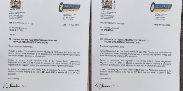 Alleged letter from the Office of the Registrar of Political Parties (ORPP) confirming the registration of Linda Mwananchi unconfirmed People’s Renaissance Movement (PRM). PHOTO/ File 