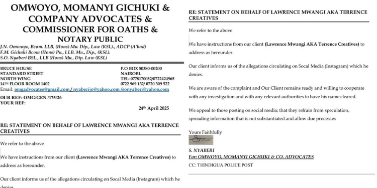 Notice from Terrence Creatives' legal representatives responding to the public on his behalf PHOTO/Screengrab/Blog