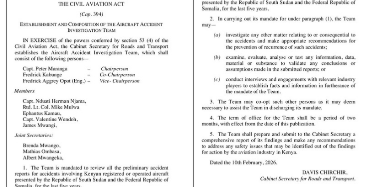 Gazette notice about the establishment of Aircraft Accident Investigation Team to review past plane crashes PHOTO/Kenya Gazette 