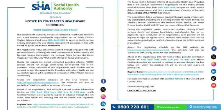 SHA notice announcing tariff negotiations for public officers medical scheme PHOTO/SHA