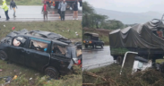 A photo collage of the wreckage of a seven seater sedan car and a trailer on the Mai Mahiu-Narok Road. PHOTO/ File