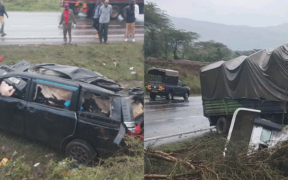 A photo collage of the wreckage of a seven seater sedan car and a trailer on the Mai Mahiu-Narok Road. PHOTO/ File