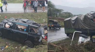 A photo collage of the wreckage of a seven seater sedan car and a trailer on the Mai Mahiu-Narok Road. PHOTO/ File