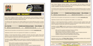 KeNHA job advert notice PHOTO/MyGov