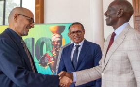 Amsons Group CEO Mr Edha Nahdi shakes hands with President William Ruto at State House after signing the Maternal care agreement between Amsons Group and Ministry of Health. PHOTO/ File