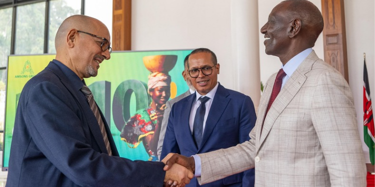 Amsons Group CEO Mr Edha Nahdi shakes hands with President William Ruto at State House after signing the Maternal care agreement between Amsons Group and Ministry of Health. PHOTO/ File