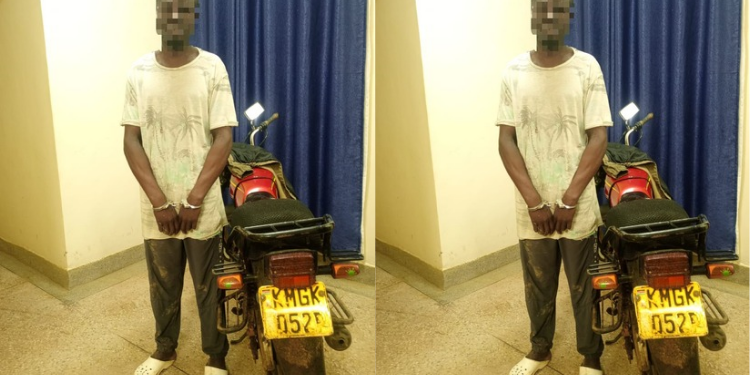 Unidentified suspect who was arrested in Chiga, Kisumu County after Tip-Off by locals and a Honda motorcycle recovered. PHOTO/ NPS