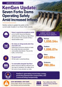 A press release by KenGen in regards to the Seven Forks dams cascade on the situation of high amount of water flowing into the dams due to heavy rainfall. PHOTO/ KenGen 